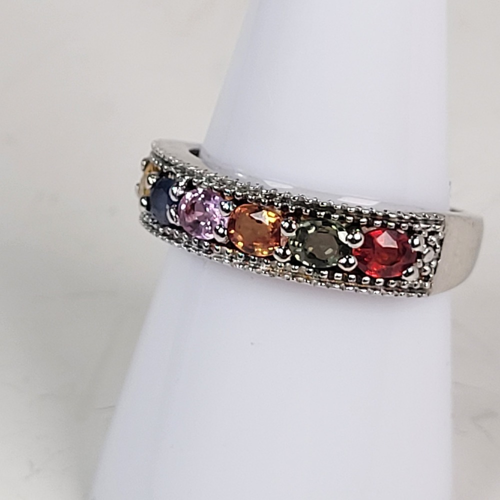 QJ Sterling Silver 925 Multi Gemstone Rainbow Milgrain Band Ring India Sz 8.5